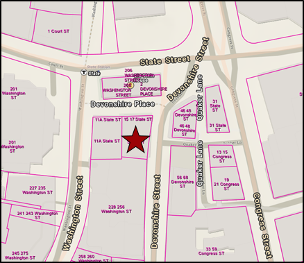 15-State-Location zoomed in map of Devonshire, Washington, and State Streets, with 15 State Street highlights with a red star