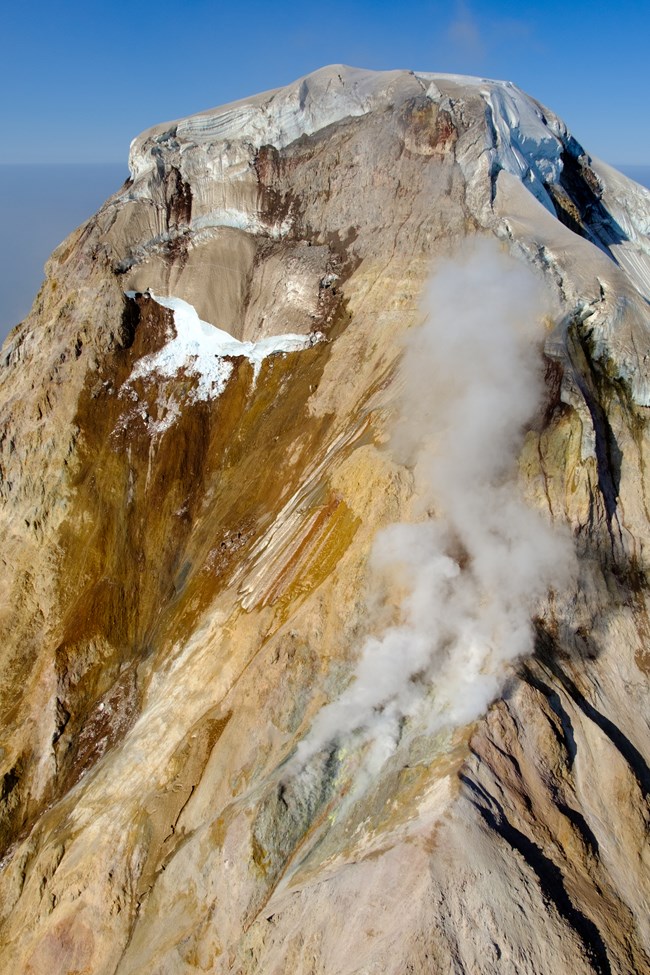 fumaroles illiamna 2019 mountain peak with steam vents