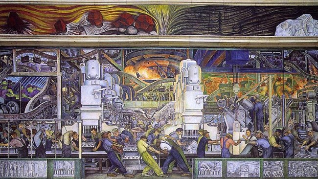 Colorful mural depicting laborers.