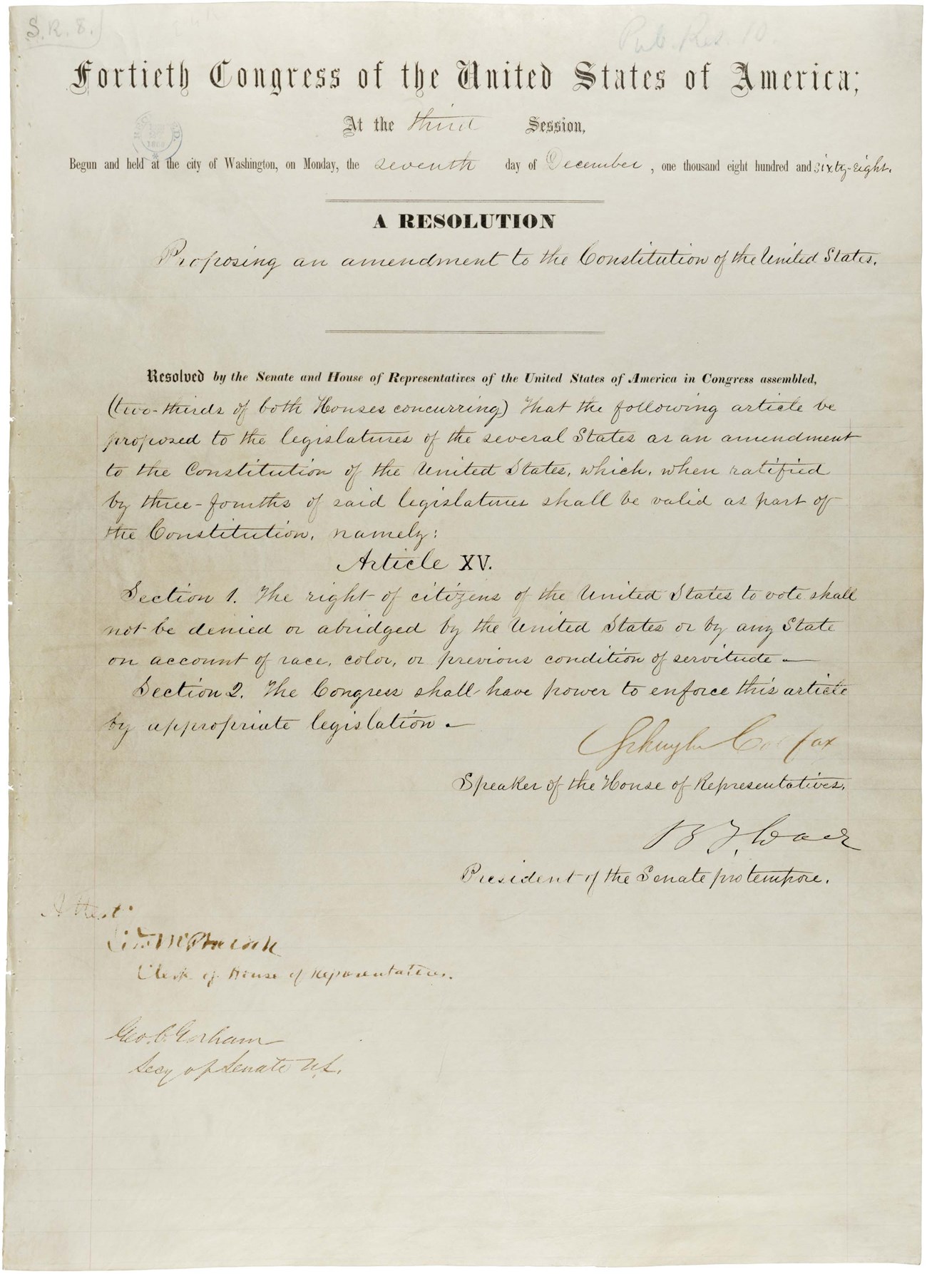 First page of the 15th Amendment, partially printed, partially hand-written. The top line reads "Fortieth Congress of the United States of America."