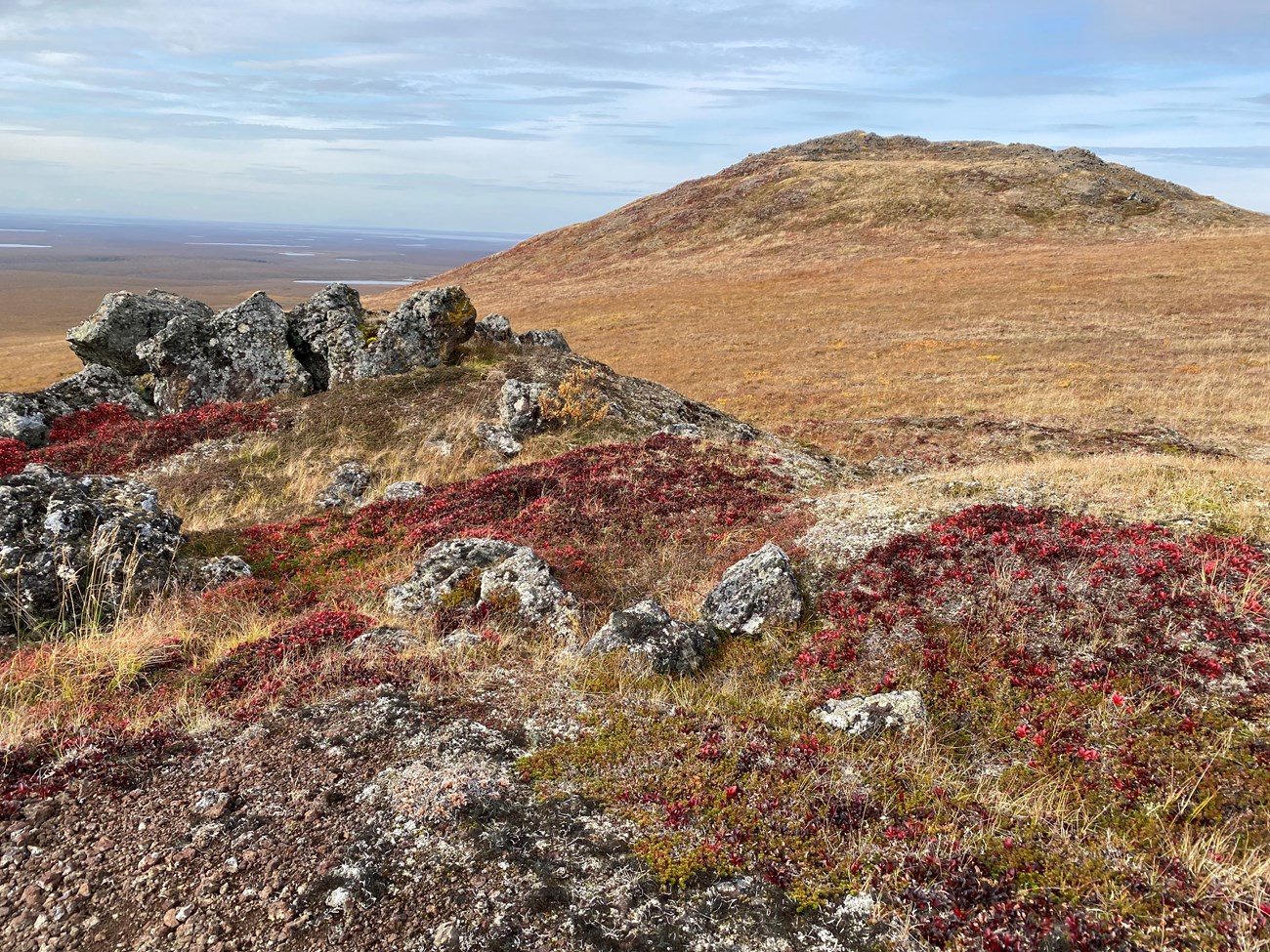 photo of an arctic landscape with a volcanic cone