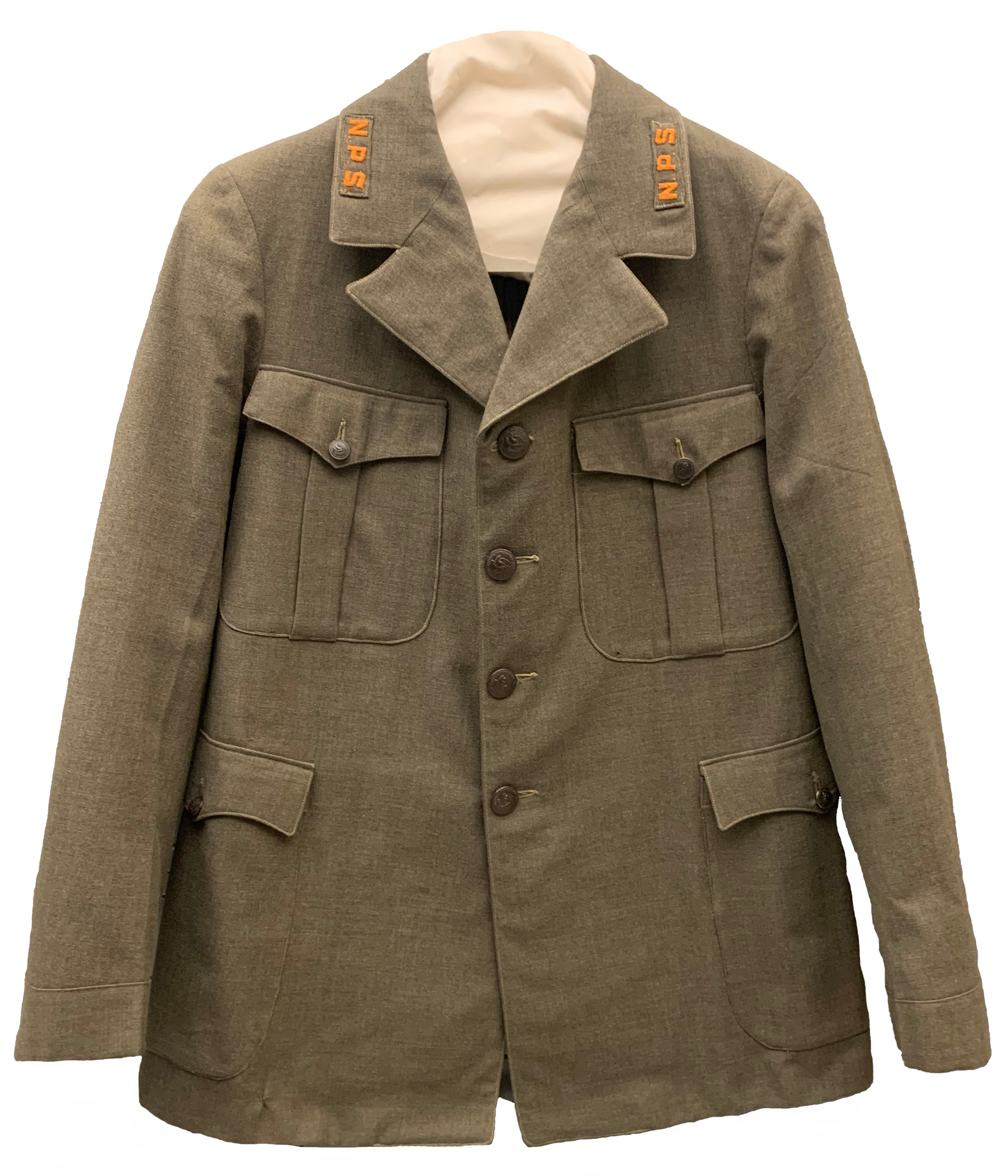 1917 authorized uniform Green uniform with bronzed buttons down the front and on pockets with NPS embroidered on collars on a hanger