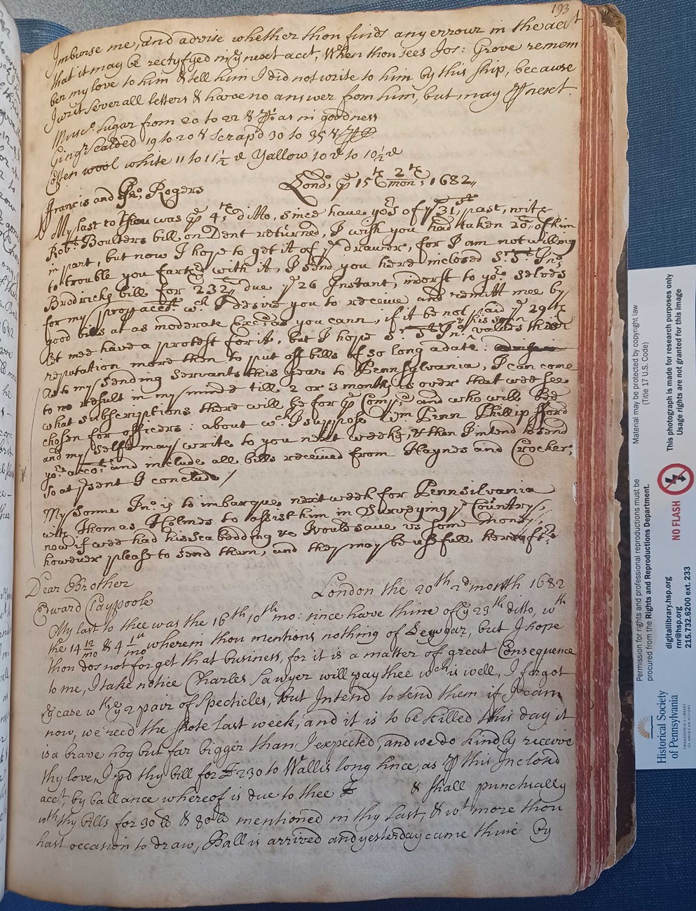 A page in James Claypoole’s letter book featuring the beginning of his letter to his brother Edward written in April, the second month of the Quaker calendar, 1682. black inked handwriting on yellowed book page