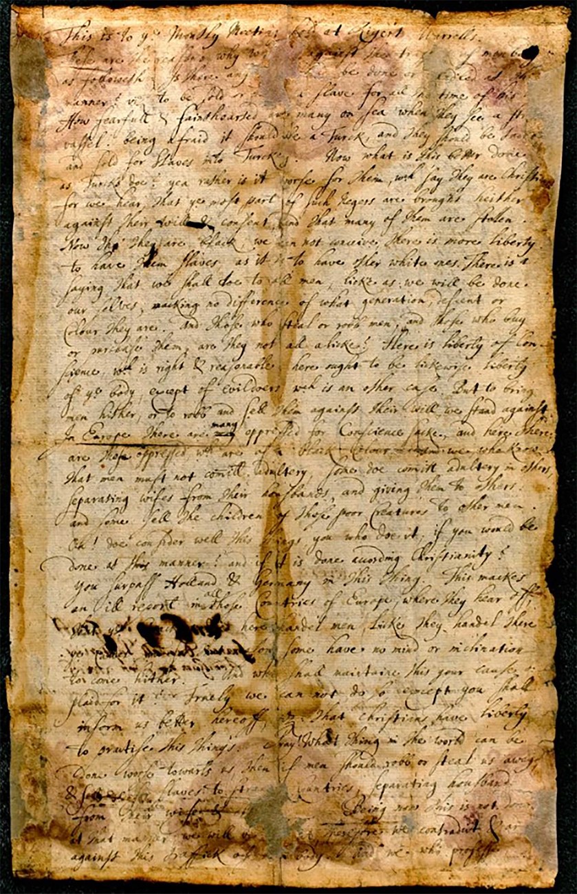 Page 1 of the Germantown Friends’ 1688 protest on the practice of slavery among Quakers. Dark ink handwriting on yellowed paper.