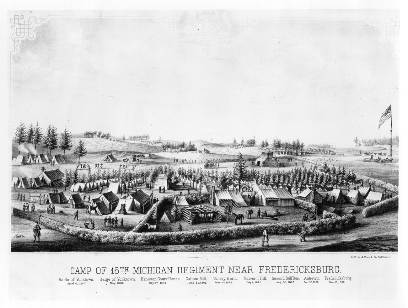 A print of a military winter camp, orderly rows of tents.