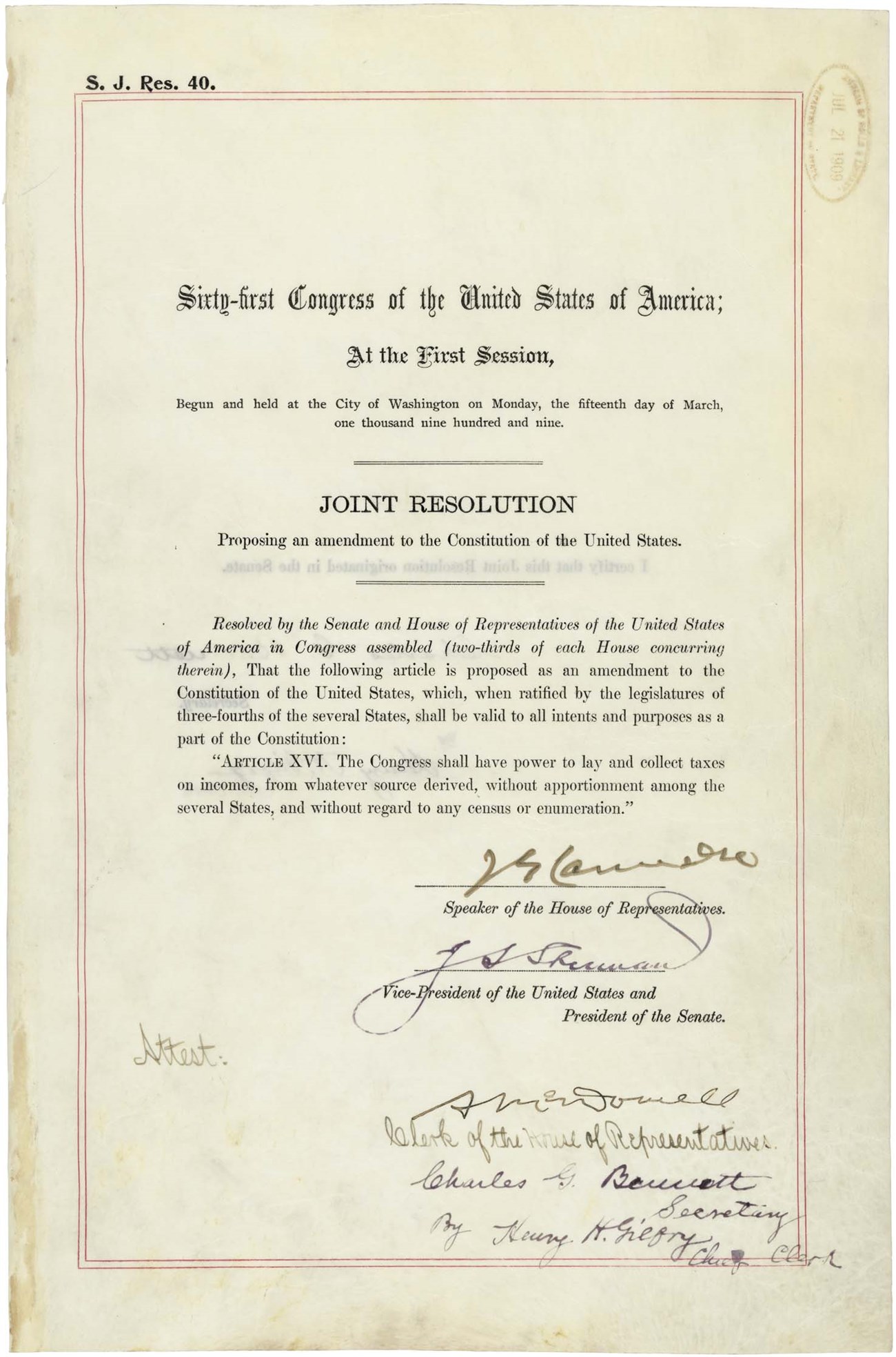 A yellowed page typed with "61st Congress of the United States of America" and "Joint Resolution" clearly visible at the top