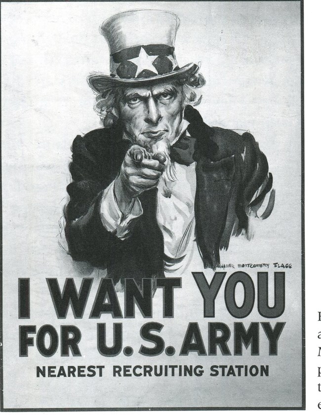 The famous World War I recruiting poster, featuring Uncle Sam, created in 1917 by James Montgomery Flagg. Anti-German sentiment ran high in American during WWI.
