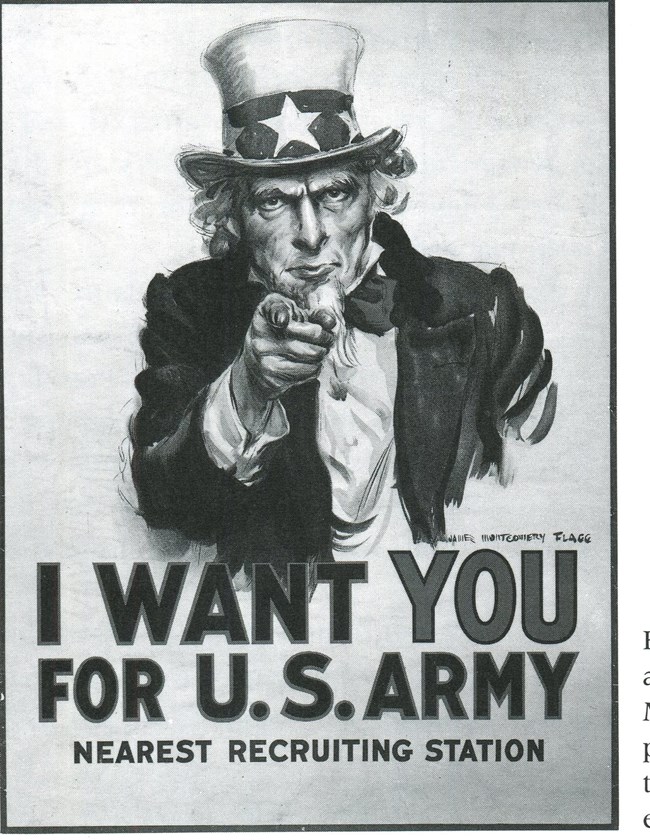 The famous World War I recruiting poster, featuring Uncle Sam, created in 1917 by James Montgomery Flagg. Anti-German sentiment ran high in American during WWI. The famous World War I recruiting poster, featuring Uncle Sam, created in 1917 by James Montgomery Flagg. Anti-German sentiment ran high in American during WWI.