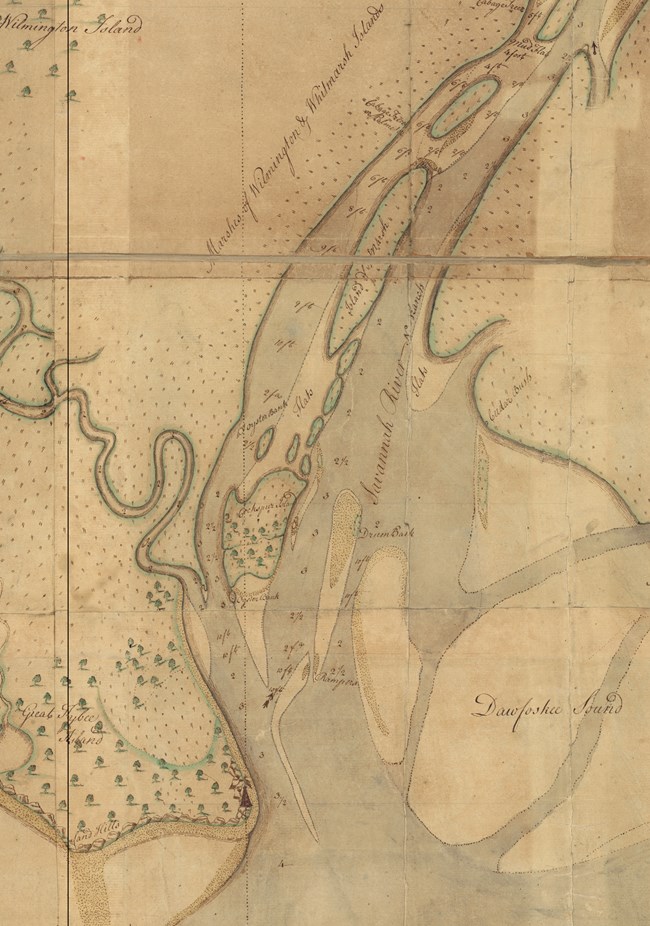 An old map depicting the islands and path of the Savannah River.