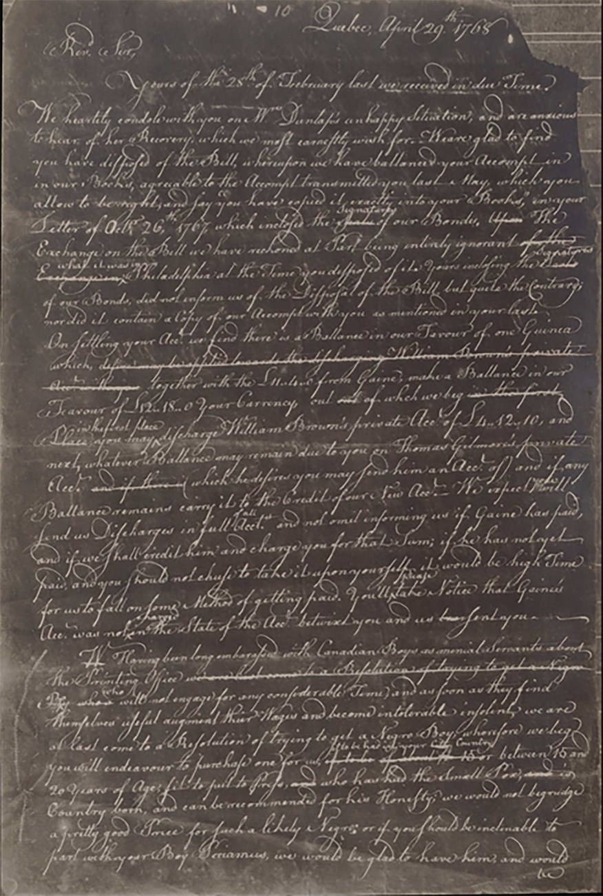 Page 1 of the letter from William Brown and Thomas Gilmore to William Dunlap Handwritten white text on grey paper.