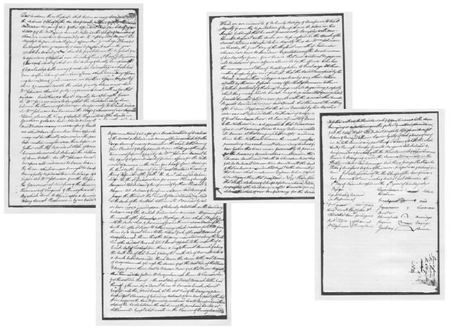 1768treaty-ALL Four papers crowded with handwriting in cursive. Smudges of ink blot areas.