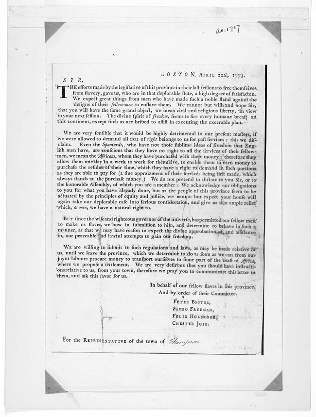 copy of a petition from enslaved Black Americans