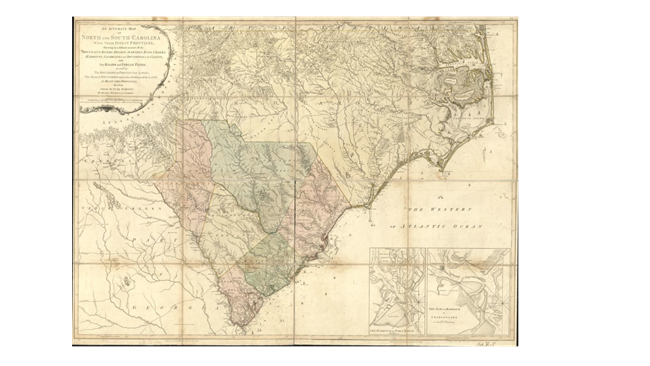 North and South Carolina Map 1775 1775 map or North and South Carolina showing boundaries, towns, rivers, and geological features.