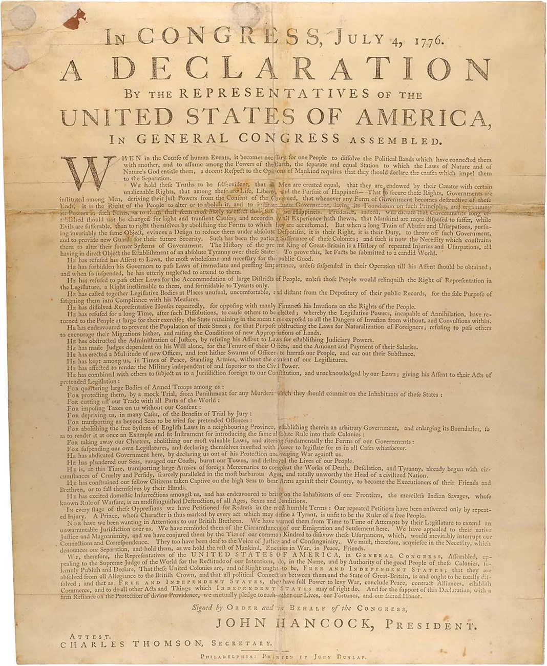 Dunlap Broadside July 1776 printing of the Declaration of Independence Printed black text on yellowed paper
