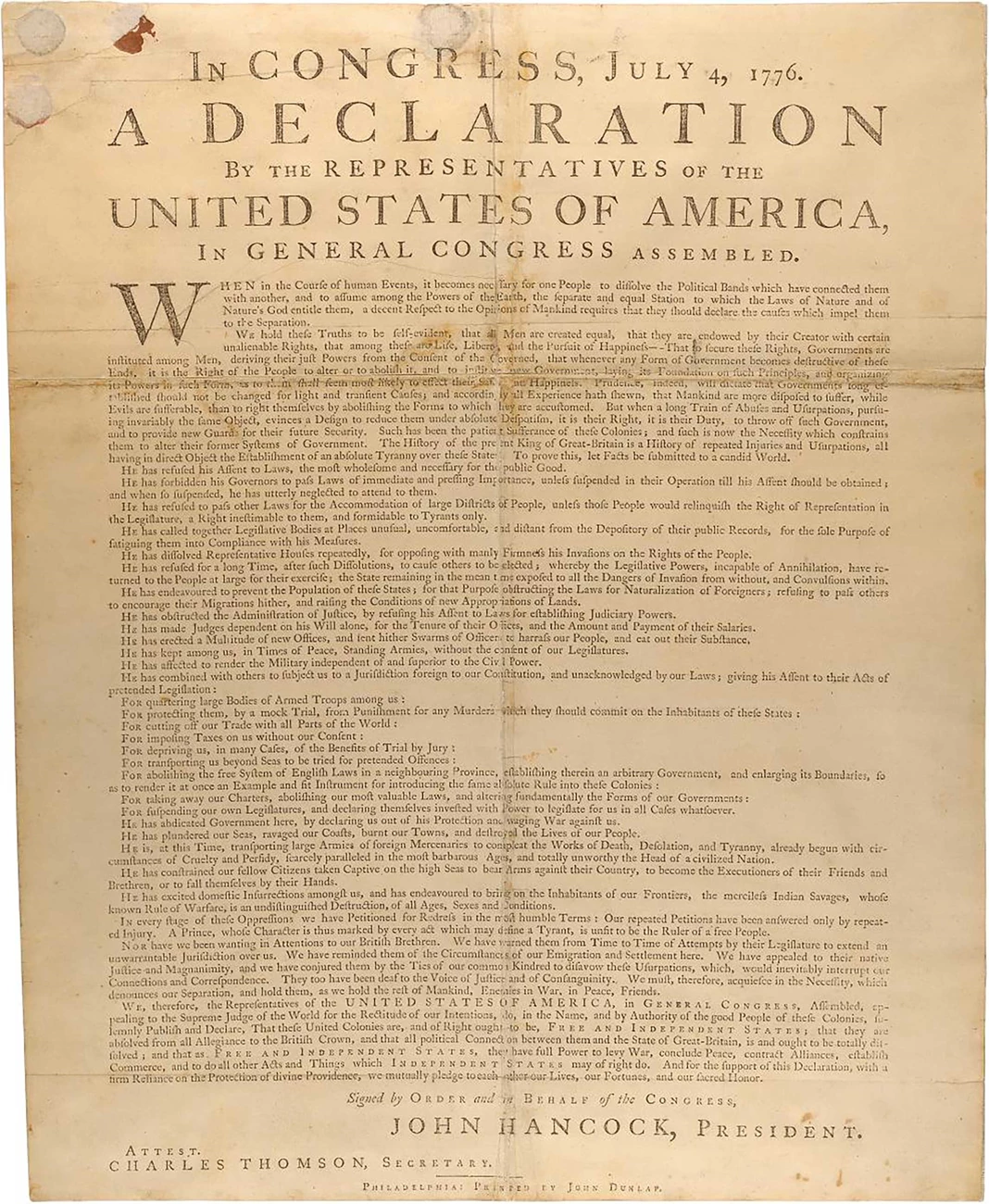 Dunlap Broadside July 1776 printing of the Declaration of Independence Printed black text on yellowed paper