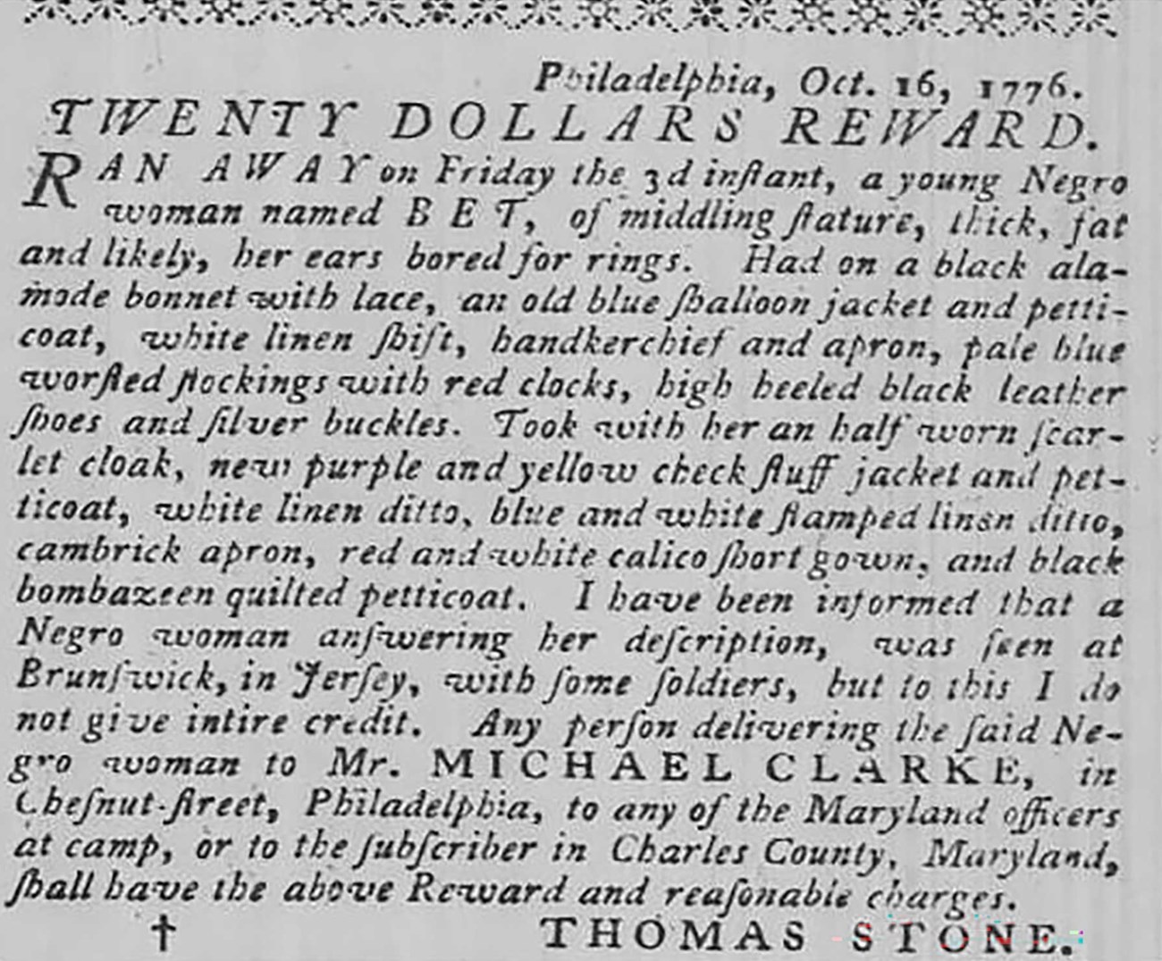 Black and white newspaper ad for Bet, a freedom seeker, offering a twenty-dollar reward for her return. newspaper ad with black text on white background