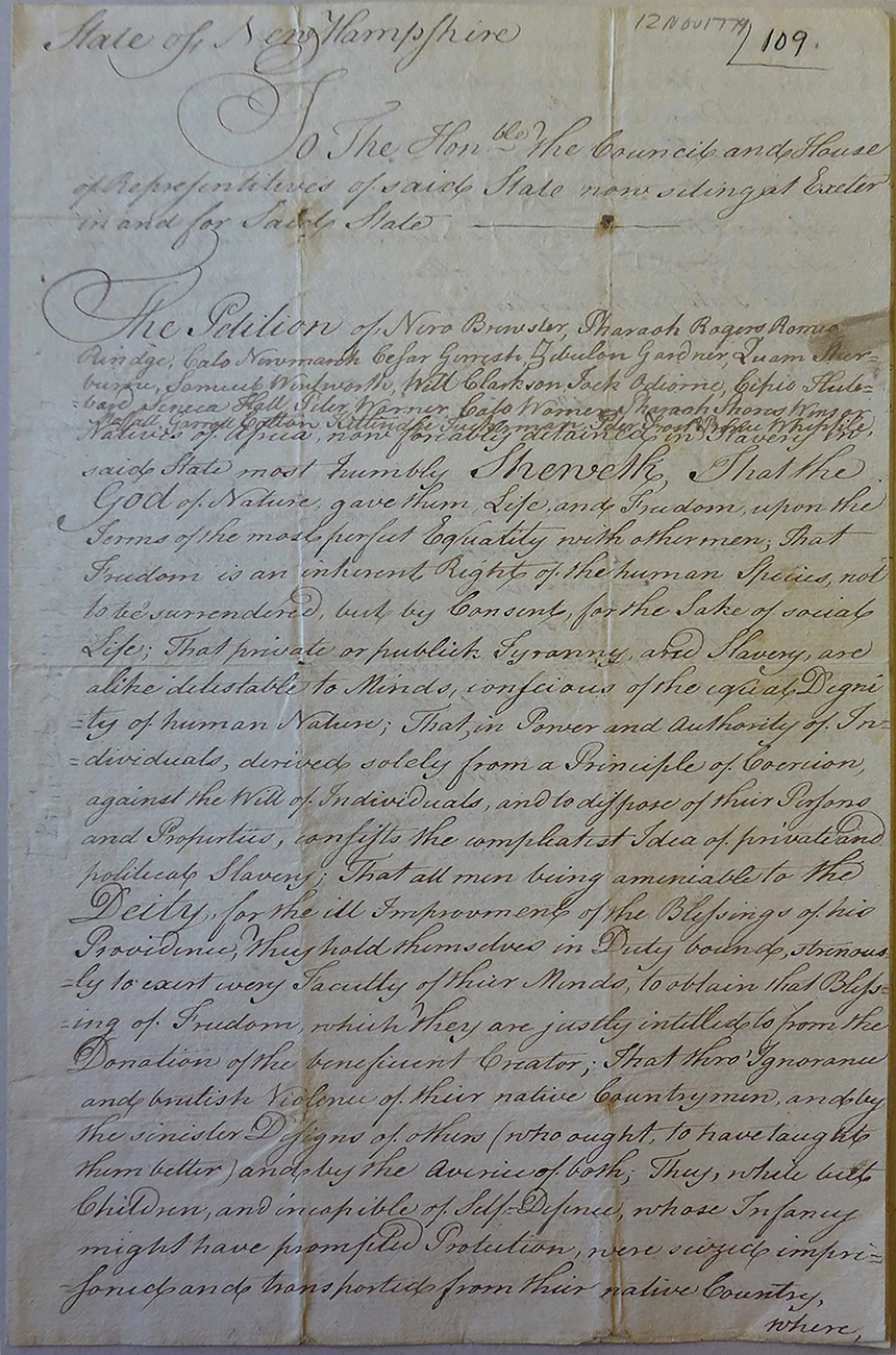 Handwritten petition for the abolition of slavery in the state of New Hampshire in 1779. handwritten text on yellow page