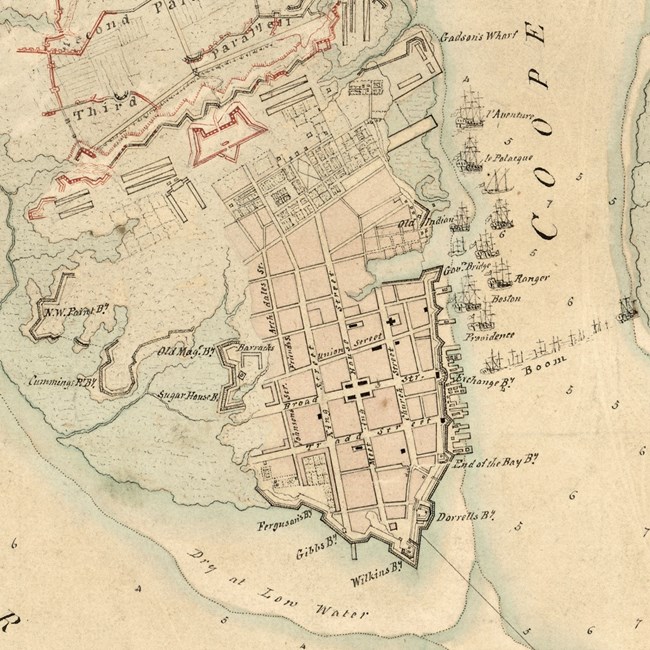 Map of Charleston and surrounding rivers. Displays British siege lines of 1780.