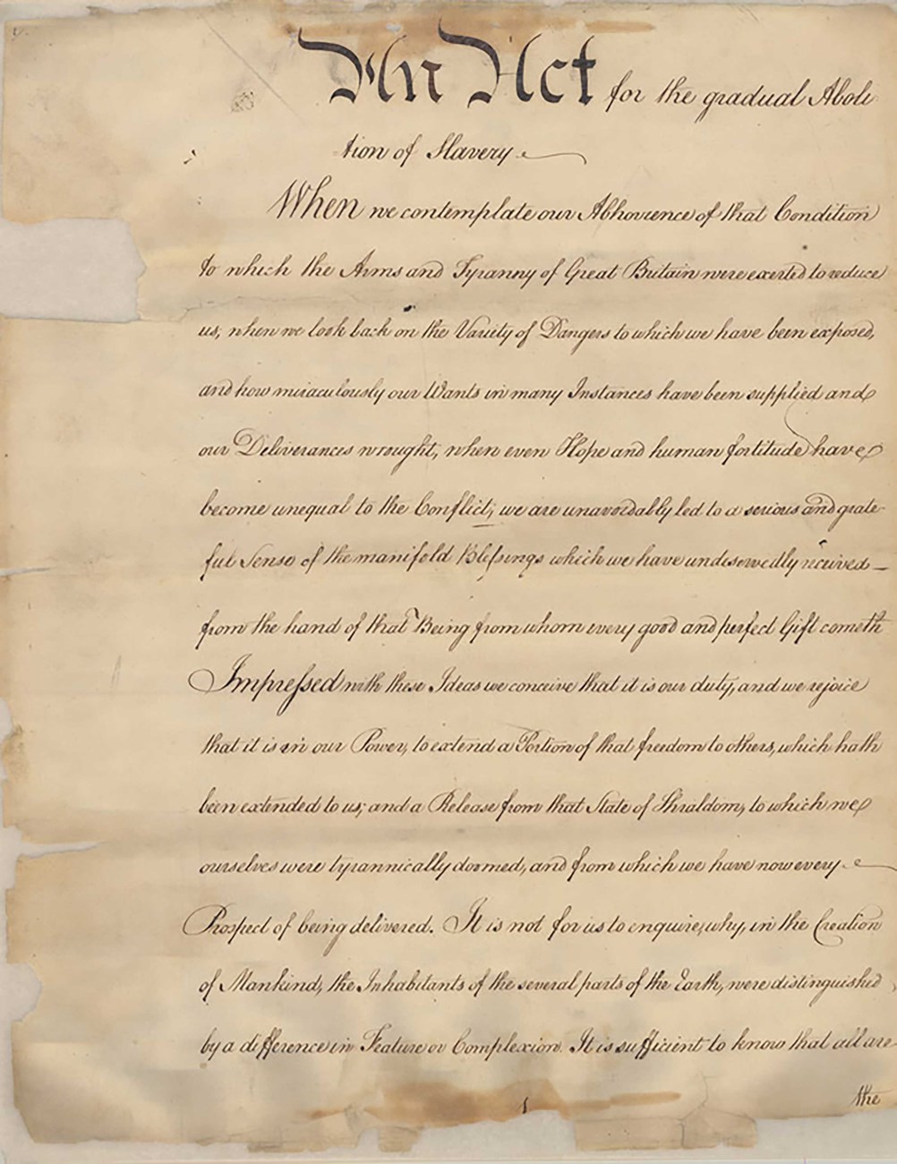 Page 1 of the 1780 PA Act for the Abolition of Slavery Dark ink handwriting on yellowed paper.