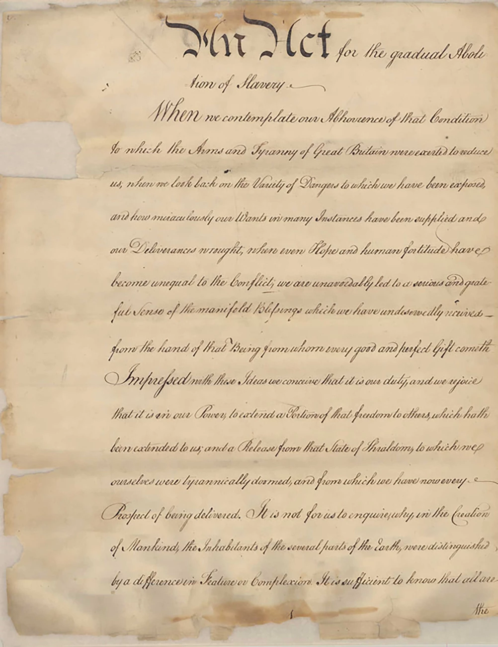 Page 1 of the 1780 PA Act for the Abolition of Slavery Dark ink handwriting on yellowed paper.