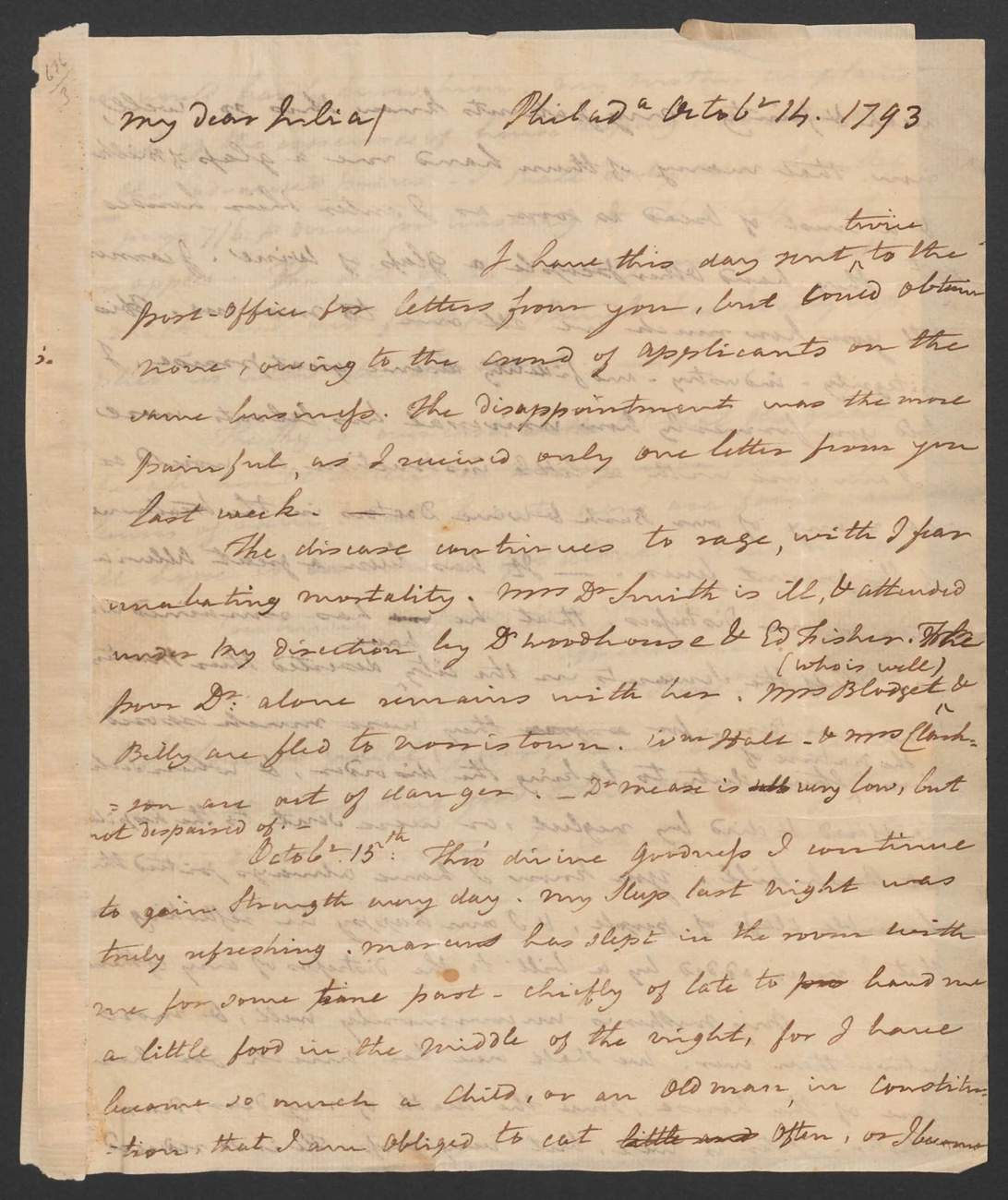 The first page of Benjamin Rush’s October 14-15, 1793 letter to Julia Stockton Rush. Black handwriting on paper.