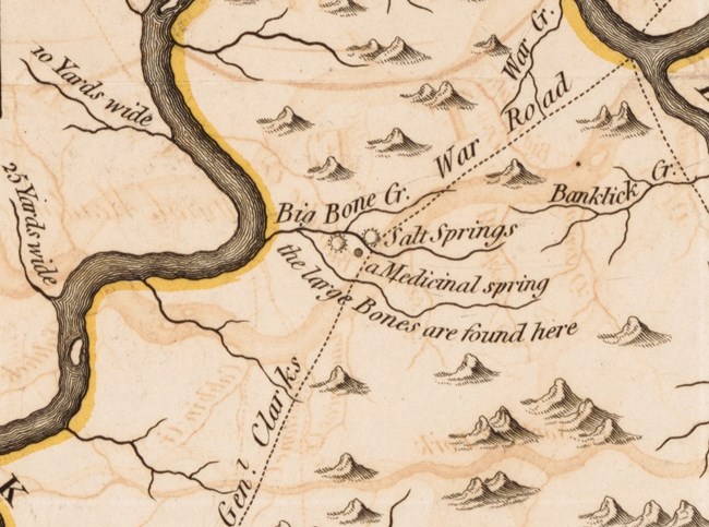 1793_Filson_Kentucky_Big-Bone-Lick.tif Map depicting mountains, streams, rivers, roads, and with written explanations.