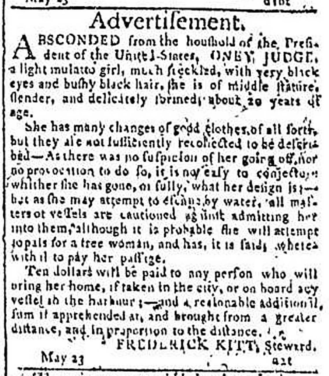 Black and white newspaper ad for Ona Maria Judge offering a ten-dollar reward for her return. Black printed text on a white background.