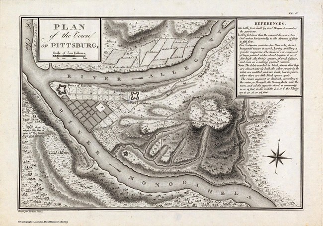 Map of Pittsburgh, 1796. Shows ruins of Fort Pitt, location of Fort Lafayette, settlements, and topography.