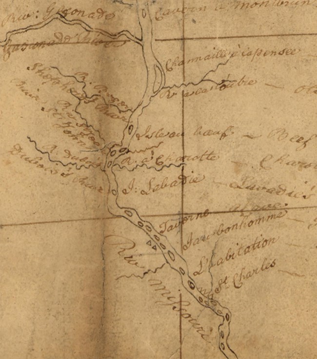 Hand drawn map showing the Missouri River and its tributaries.