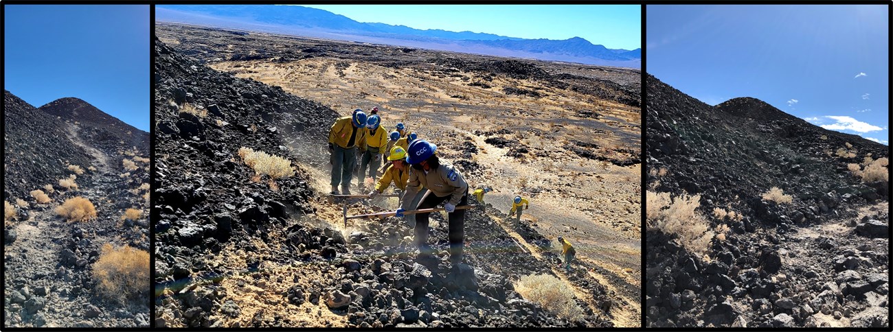 collage of three photos of people working in rocky desert landscape