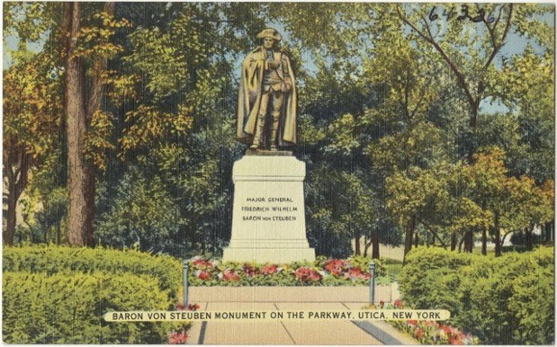 1930s postcard titled of the Baron von Steuben Monument in Utica, New York. The Steuben Statue at Valley Forge National Historical Park is a near-exact replica of the Utica monument, which was erected in 1914. Both statues are by sculptor J. Otto Schweize