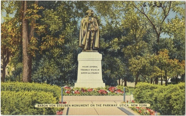 1930s postcard titled of the Baron von Steuben Monument in Utica, New York. The Steuben Statue at Valley Forge National Historical Park is a near-exact replica of the Utica monument, which was erected in 1914. Both statues are by sculptor J. Otto Schweize 1930s postcard titled of the Baron von Steuben Monument in Utica, New York. The Steuben Statue at Valley Forge National Historical Park is a near-exact replica of the Utica monument, which was erected in 1914. Both statues are by sculptor J. Otto Schweize