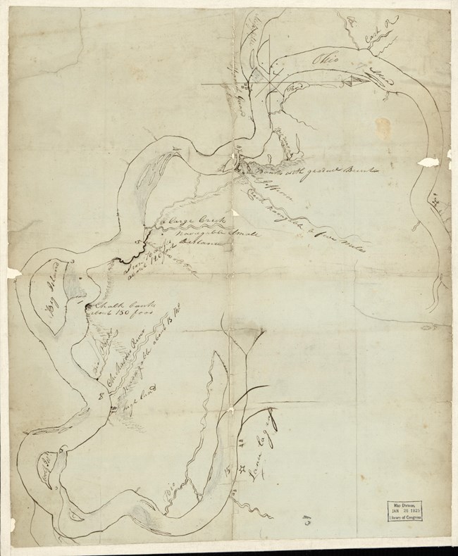 F.1803_Clark_Mississippi-Ohio-Rivers_LOC Rough sketch of rivers, depicting creeks entering rivers and settlements alongside it. Done in ink.