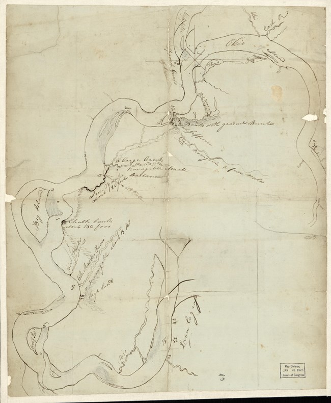 Rough sketch of rivers, depicting creeks entering rivers and settlements alongside it. Done in ink.