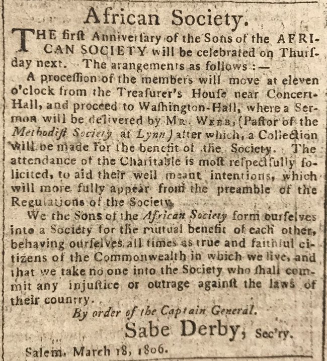 A yellowed 1806 newspaper article with the title African Society at the top.