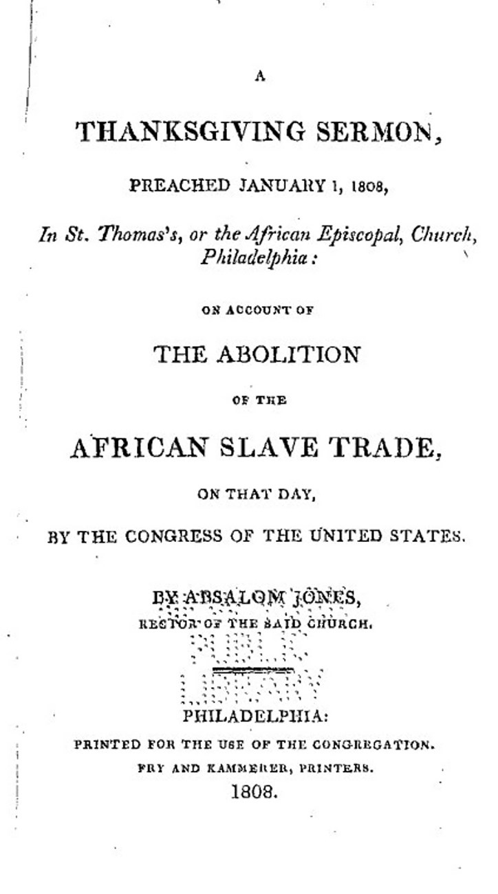 The first page of a twenty-four-page sermon written by Rev. Absalom Jones for the Thanksgiving sermon on January 1, 1808. black ink text on white paper