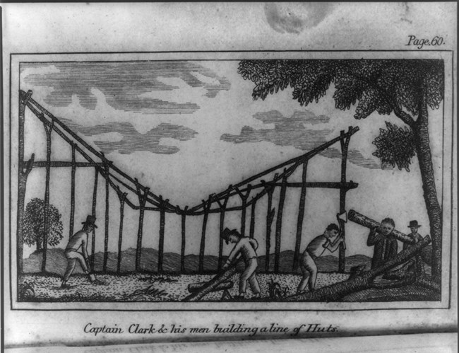 Illustration showing Captain Clark and men sawing logs to construct huts. A partially constructed structure is visible behind the men in the foreground. Illustration from Patrick Gass' "Journal of the Voyages and Travels of a Corps of Discovery"