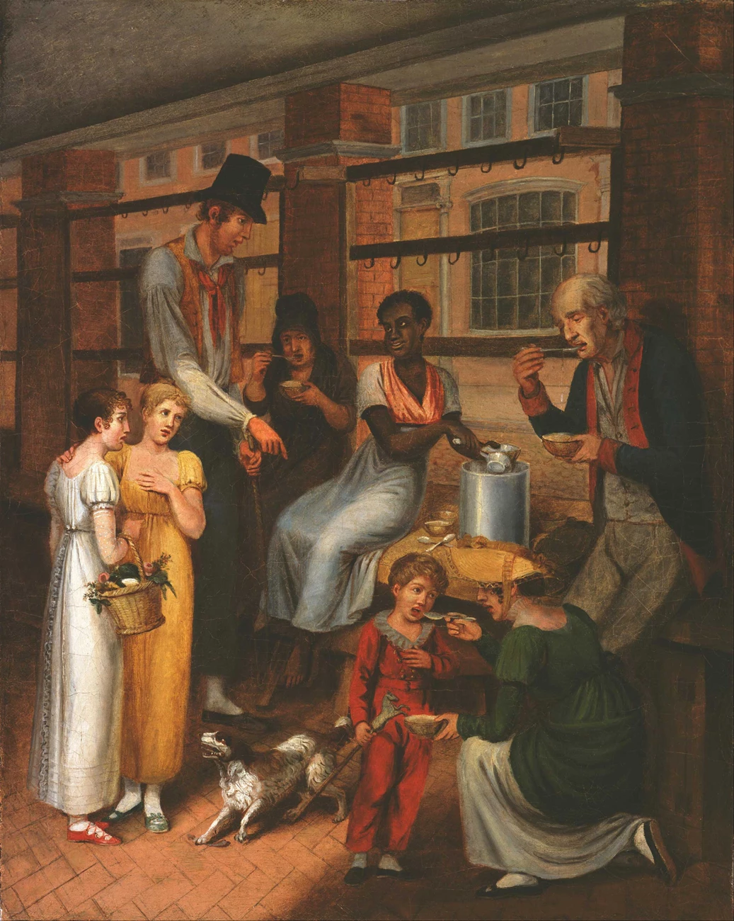 This painting featured a free Black woman selling pepper pot soup, a dish with West African and Caribbean roots. Multicolored scene of woman serving soup from a pot to 5 people surrounding her and 2 onlookers.