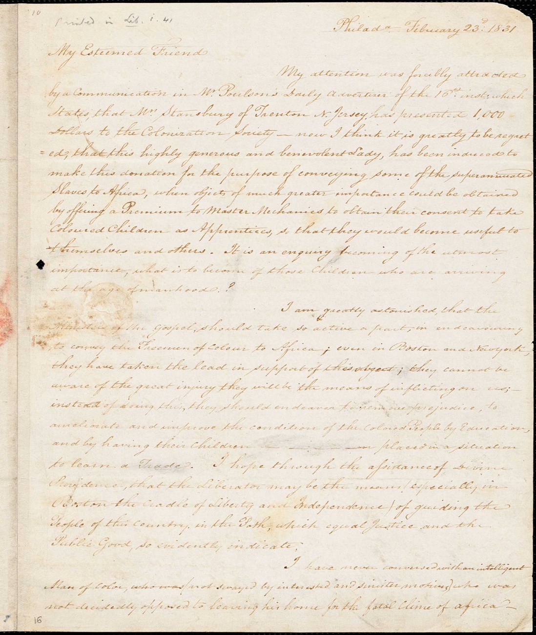 The first page of a three-page letter that James Forten wrote to William Lloyd Garrison in 1831. Dark ink handwriting on yellowed paper.