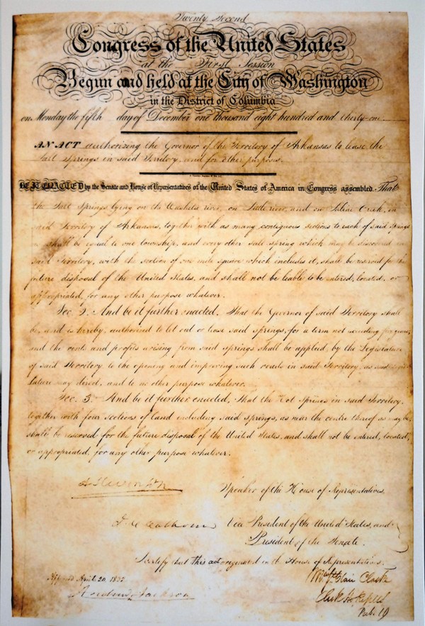 1832 Congressional Act establishing Hot Springs Reservation (Courtesy of the National Archives_ Congressional document