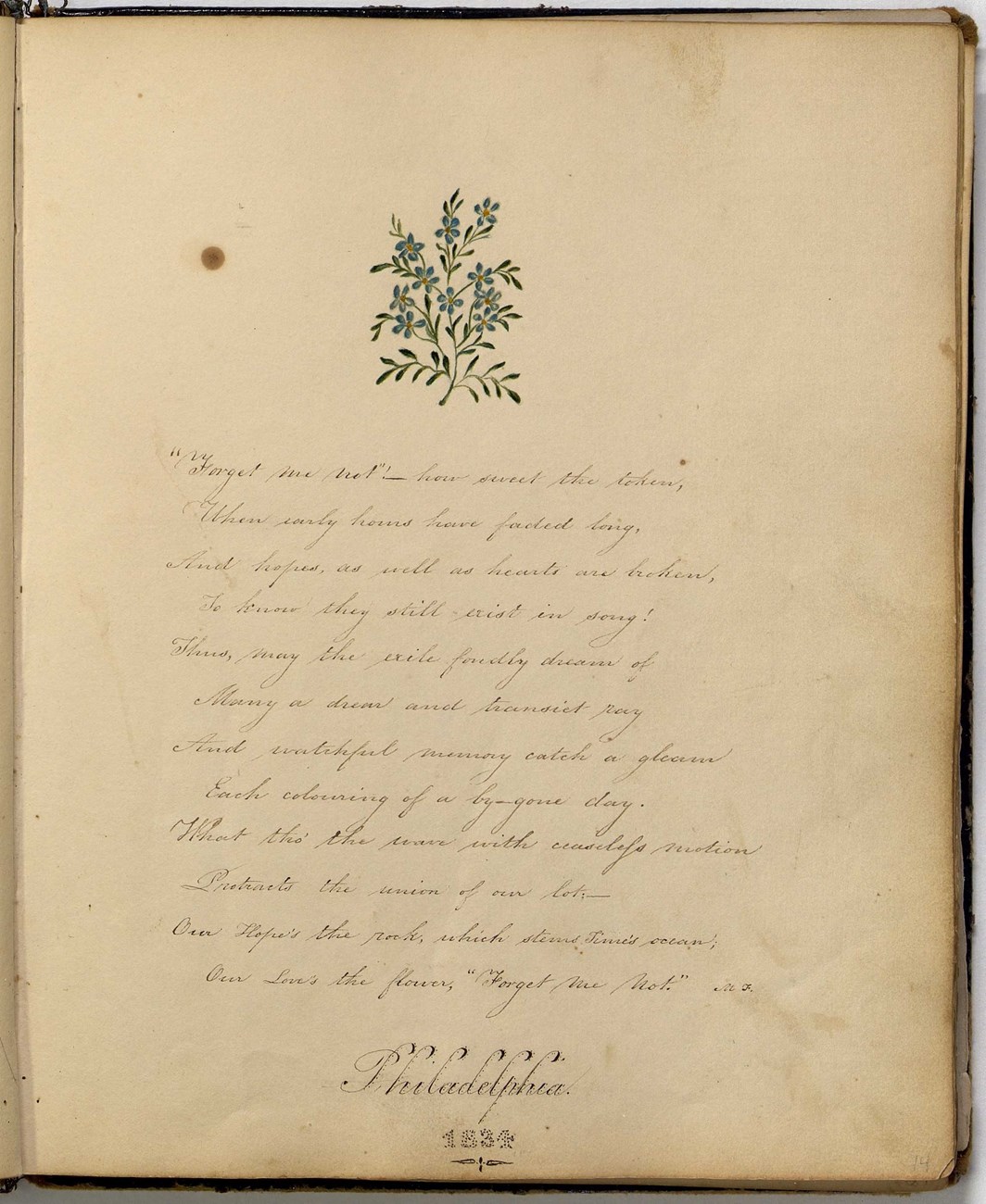 The page of Amy Matilda Casey’s Friendship album featuring a hand drawing of a flower and a poem, dated Philadelphia, 1834. black ink handwriting and colored drawing of a flower on a page of a book