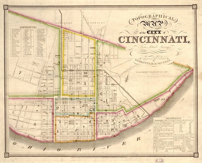 This 1841 map of Cincinatti is used as a cognitive tool to stage what the city would have looked like in the mid 19th century.