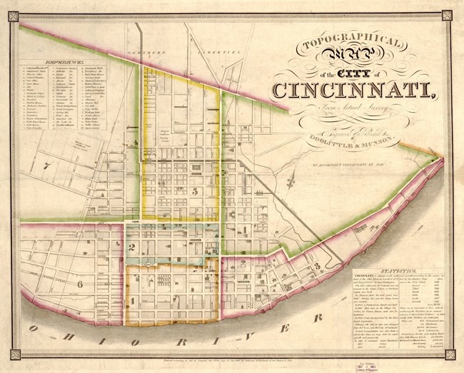 1841 Cincinnati Map This 1841 map of Cincinatti is used as a cognitive tool to stage what the city would have looked like in the mid 19th century.