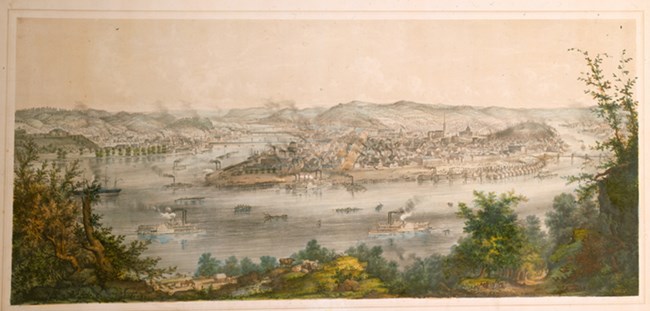 Painting of smoke rising from industrial sites in Pittsburgh and steamboats on the Ohio River.