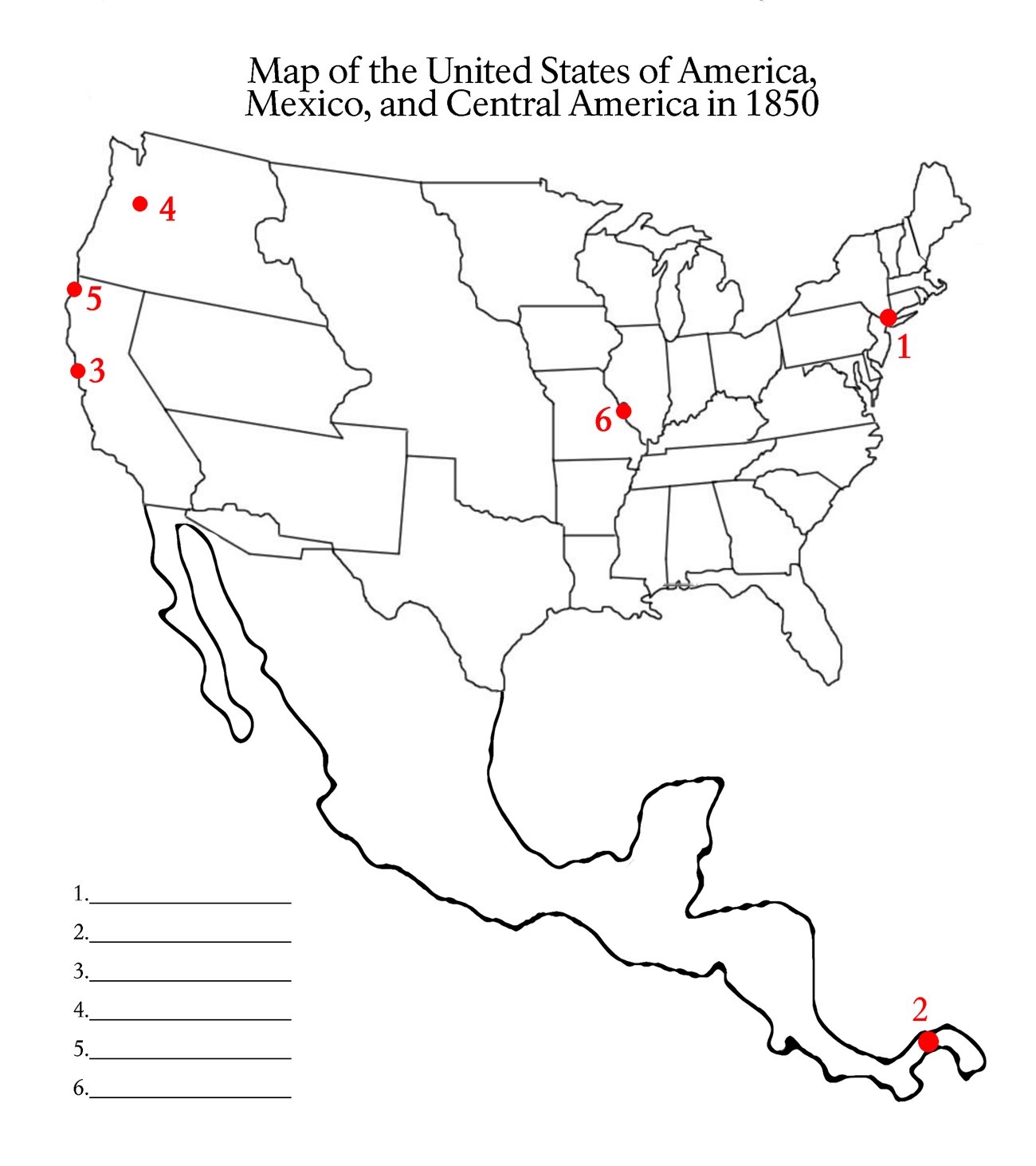 Americas in 1850 Line drawn map of the United States, Mexico, and Central America in 1850