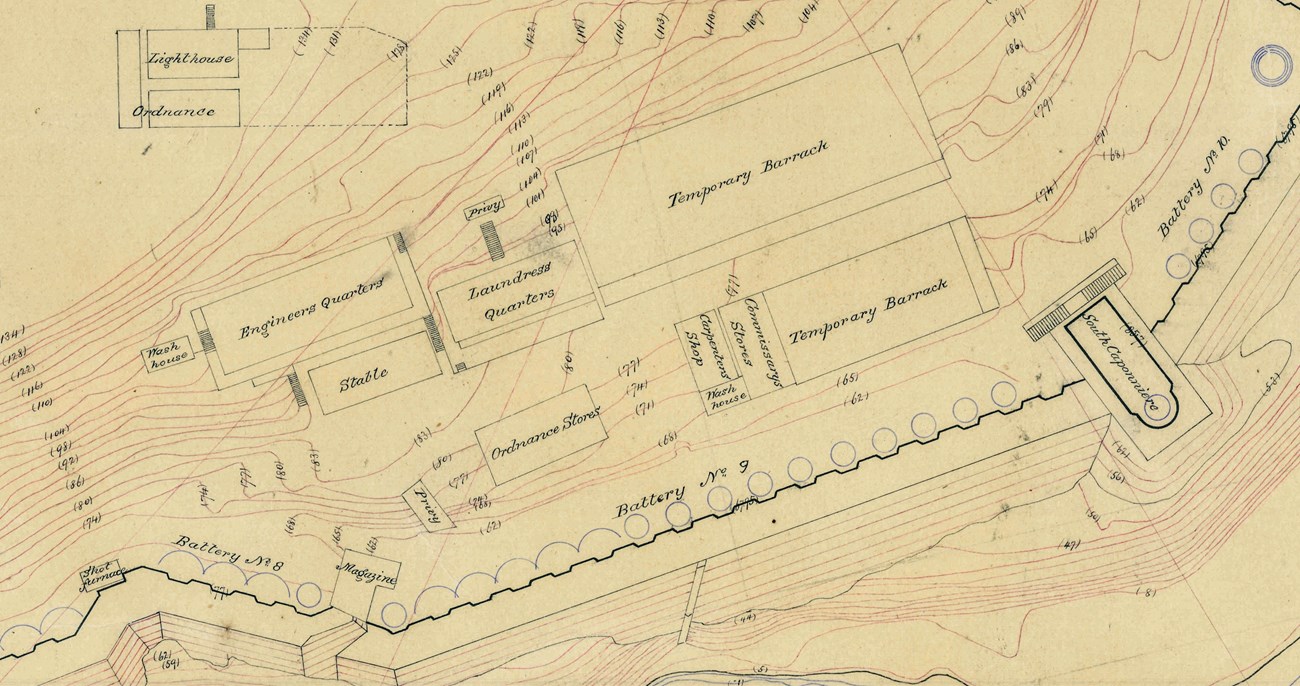 1867 Map detail A detailed, drawn topographic map includes various rectangles representing buildings labeled with their use, like lighthouse, laundress quarters, temporary barracks, and more. Rows of circles show the cannons lined up along batteries.