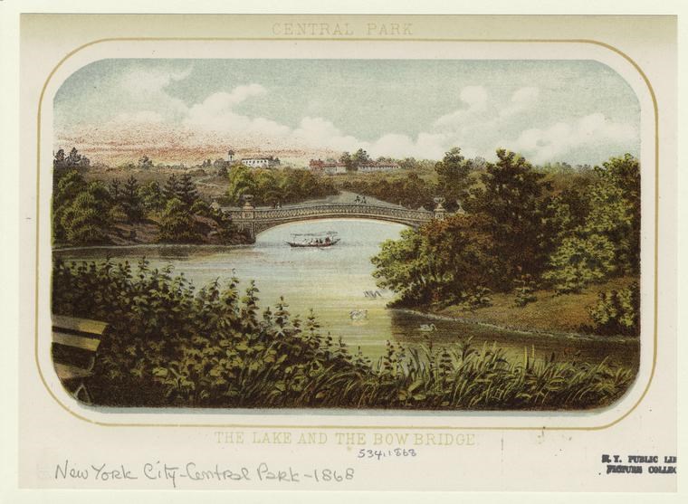 Color image of bow bridge over a narrow lake. There is a small boat under the bridge and swans in the water. The surrounding vegetation is lush and verdant.