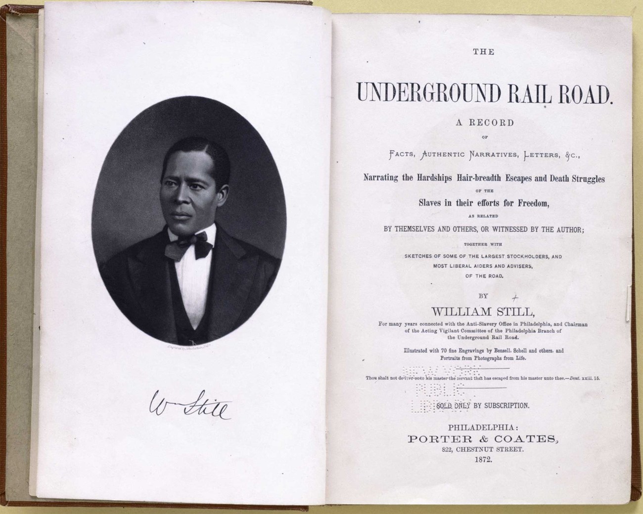 Frontispiece and title page of “The Underground Railroad” by William Still, published in 1872. Dark ink text on white paper.