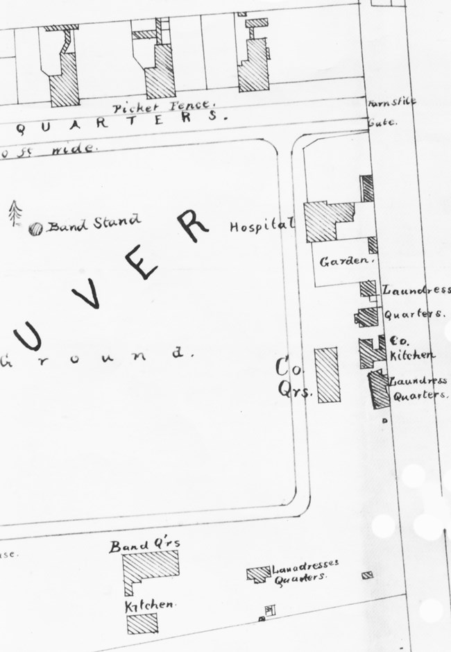 1874 Ward Map Arsenal area - Copy A map showing the east end of the Parade Ground with several labeled buildings, including Laundress Quarters.