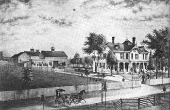 a drawing of a white farm house and barns setting next to a dirt road